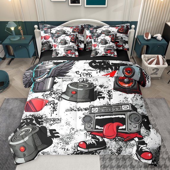 jejeloiu Gamer 7-Piece Twin Bedding Sets,Modern Video Game Bedding Comforter Set,White Gray Red Sheet Sets For Boys Kids,Super Cozy Room Decor Reversible