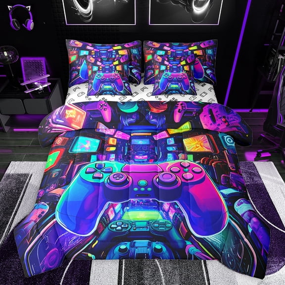 jejeloiu Gamer Gaming 7-Piece Bedding Comforter Set,Modern Video Game King Bedding Sets,Multicolor Console Bed Sheets For Boys,Microfiber Bedroom Decor Reversible