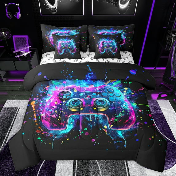 jejeloiu Gamer Gaming 7pcs Bedding Comforter Set,Modern Video Game Queen Bedding Sets,Colorful Graffiti Console Queen Sheet Sets For Boys,Microfiber Bedroom Decor Reversible