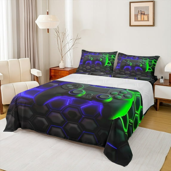 jejeloiu Gamer Gaming Bed Sheets,3D Geometric Geometric King Sheets,Honeycomb Hexagon Gamepad Sheet Set For Kid Boy,Lightweight Room Decorative,4 Pieces