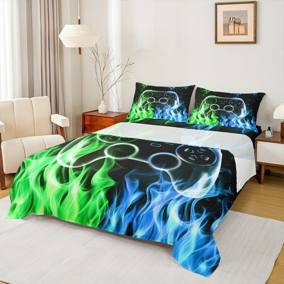 jejeloiu Gamer Gaming Bed Sheets,Modern Video Game King Sheets,Cartoon Flame Fire Sheet Set For Kid Boy,Lightweight Room Decorative,4pcs