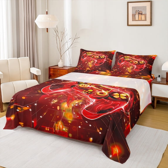 jejeloiu Gamer Gaming Bed Sheets,Modern Video Game King Sheets,Red Orange Sheet Set For Kid Boy,Lightweight Room Decorative,4pcs