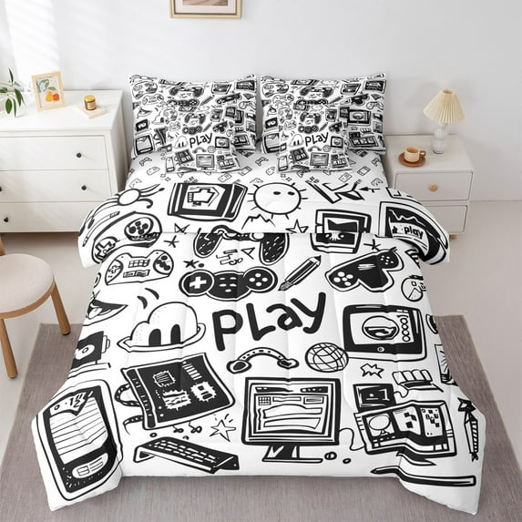 jejeloiu Gamer Gaming Bedding Comforter Set 7-Piece,Modern Video Game King Bedding Sets,Cartoon Computer Bed Sheets For Kid Boy,Lightweight Room Decorative Reversible