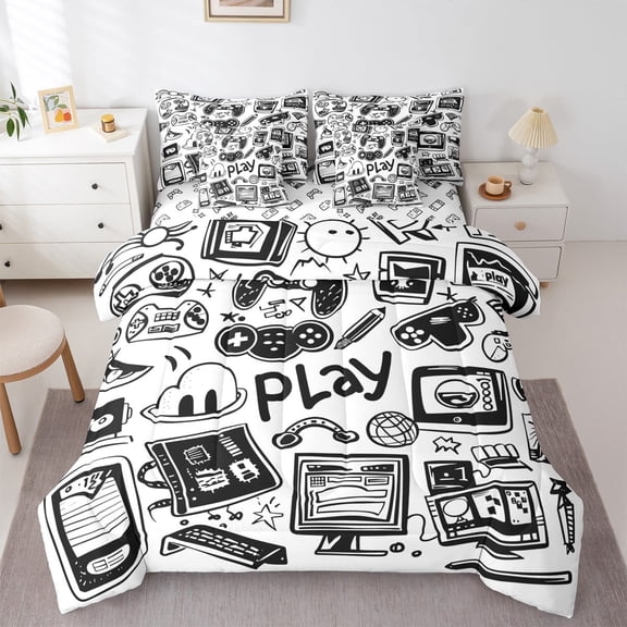 jejeloiu Gamer Gaming Bedding Comforter Set 7 Pieces,Modern Video Game Full Bedding Set,Cartoon Computer Fitted Sheet Flat Sheet For Kid Boy,Lightweight Room Decorative Reversible