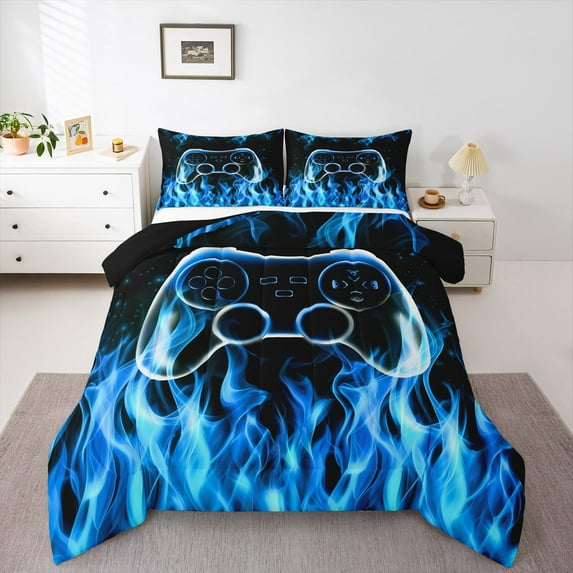 jejeloiu Gamer Gaming Bedding Comforter Set,Modern Video Game Twin Comforter Sets,Blue Flame Fire Bedding Set For Kid Boy,Lightweight Room Decorative Reversible,2 Pieces