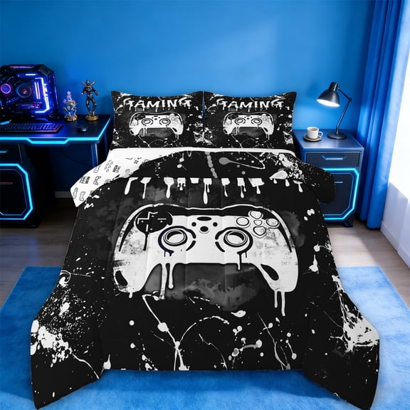jejeloiu Gamer Gaming Bedding Comforter Set,Modern Video Game Twin Comforter Sets,Silver Splatter Ink Bedding Set For Kid Boy,Lightweight Room Decorative Reversible,2 Pieces