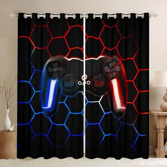jejeloiu Gamer Gaming Curtains Pack of 2 (42x84 Each),Modern Video Game Curtains Blackout,Red Blue Gamepad Bedroom Curtains For Kid Boy,Lightweight Room Decorative