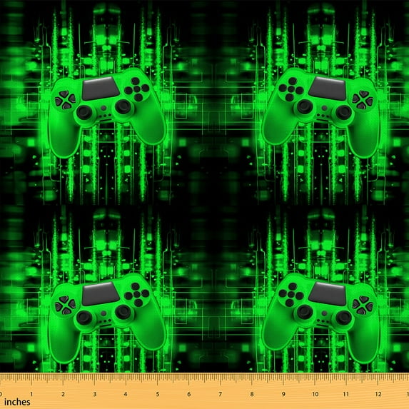 jejeloiu Gamer Gaming Fabric by the Yard 5 Yards,Modern Video Game Fabric for Sewing,Green Geometric Checkered Home Decor Fabric by the Yard For Kid Boy,Lightweight Room Decorative