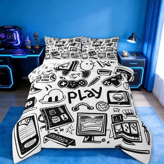 jejeloiu Gamer Gaming Full Size Comforter Sets,Modern Video Game Bedding Comforter Set,Cartoon Computer Bedding Sets For Kid Boy,Lightweight Room Decorative Reversible,3pcs