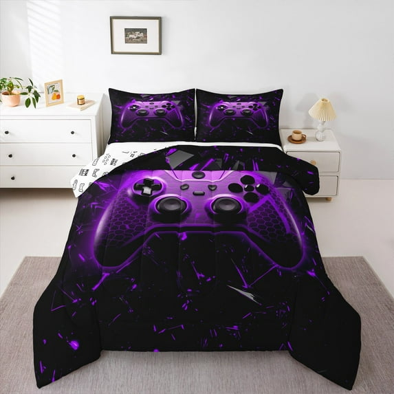 jejeloiu Gamer Gaming Full Size Comforter Sets,Modern Video Game Bedding Comforter Set,Purple Geometric Hexagon Bedding Sets For Child,Lightweight Room Decorative Reversible,3-Piece