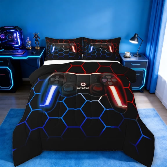 jejeloiu Gamer Gaming Full Size Comforter Sets,Modern Video Game Bedding Comforter Set,Red Blue Gamepad Bedding Sets For Kid Boy,Lightweight Room Decorative Reversible,3 Pieces