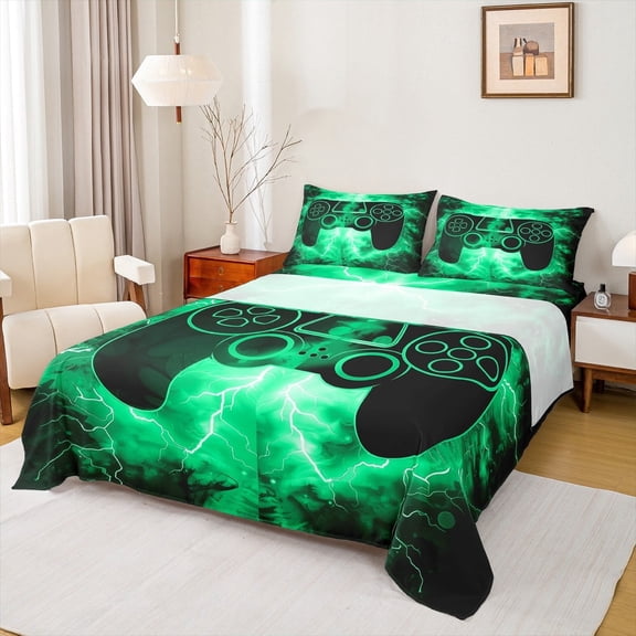 jejeloiu Gamer Gaming Full Size Sheets,Modern Video Game Bed Sheets,Green Black Gamepad Sheet Sets For Kid Boy,Lightweight Room Decorative,4 Pieces