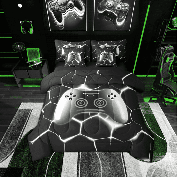 jejeloiu Gamer Gaming Twin Bedding Sets 7-Piece,Modern Video Game Bedding Comforter Set,Silver Geometric Hexagon Sheet Sets For Child,Lightweight Room Decorative Reversible