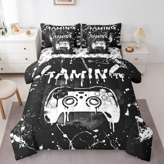 jejeloiu Gamer Gaming Twin Bedding Sets 7-Piece,Modern Video Game Bedding Comforter Set,Silver Splatter Ink Sheet Sets For Kid Boy,Lightweight Room Decorative Reversible