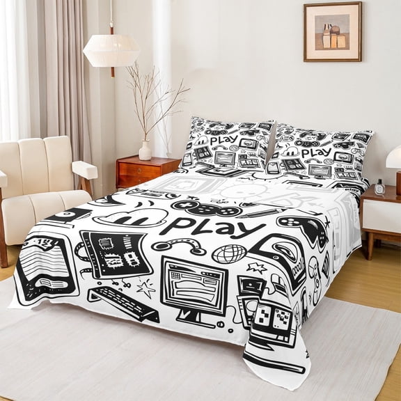 jejeloiu Gamer Gaming Twin Sheet Sets,Modern Video Game Twin Fitted Sheet,Cartoon Computer Flat Sheet For Kid Boy,Lightweight Room Decorative,3 Pieces