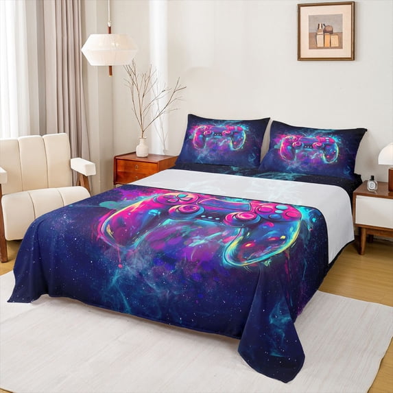 jejeloiu Gamer Gaming Twin Sheet Sets,Modern Video Game Twin Fitted Sheet,Colorful Console Flat Sheet For Boys,Microfiber Bedroom Decor,3 Pieces