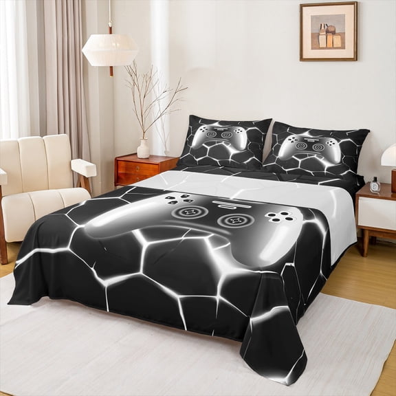 jejeloiu Gamer Video Game Silver Geometric Hexagon Twin Sheet Set,Lightweight Child Bedding,3-Piece