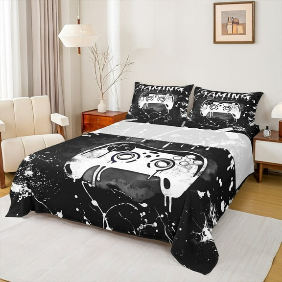 jejeloiu Gamer Gaming Twin Sheet Sets,Modern Video Game Twin Fitted Sheet,Silver Splatter Ink Flat Sheet For Kid Boy,Lightweight Room Decorative,3 Pieces