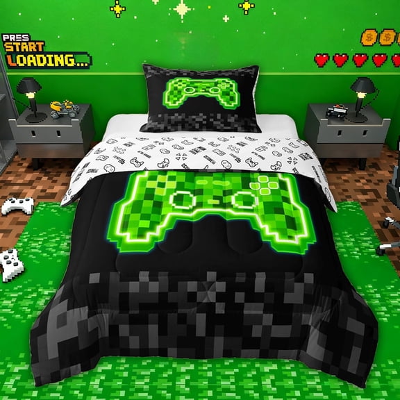 jejeloiu Games Console Lover Twin Comforter Sets,Pixel Miner Grid Bedding Set For Camepad Gamer Reversible 2-Piece