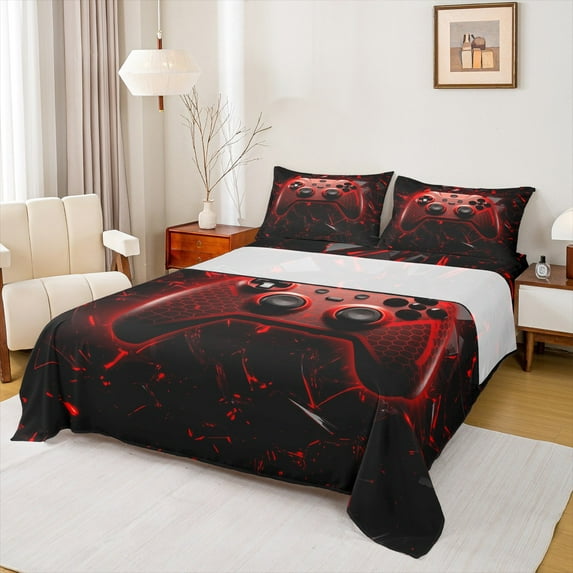 jejeloiu Gaming Bed Sheets,Red Game Console King Sheets,Geometric Geometric Honeycomb Sheet Set For Boy,Microfiber Room Decor,4pcs