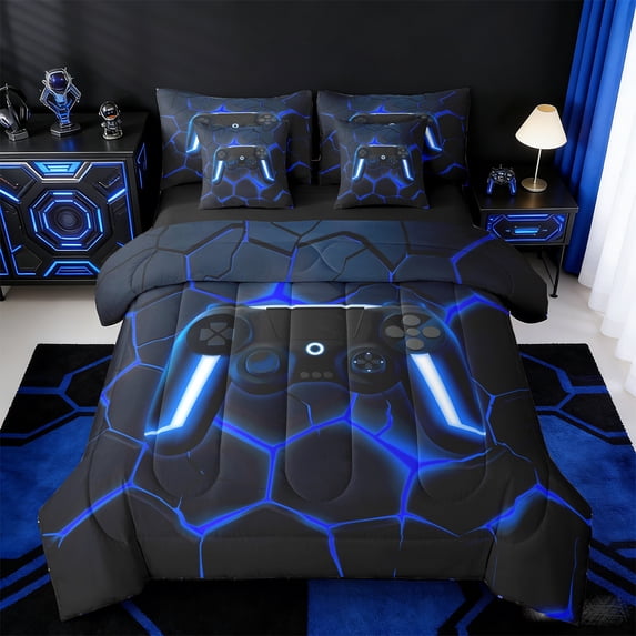 jejeloiu Gaming Bedding Comforter Set 7-Piece,Blue Game Console King Bedding Sets,Geometric Geometric Hexagon Bed Sheets For Boy,Microfiber Room Decor Reversible