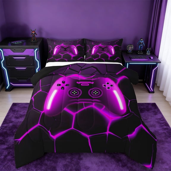 jejeloiu Gaming Bedding Comforter Set,Purple Game Console Twin Comforter Sets,Geometric Geometric Hexagon Bedding Set For Boy,Microfiber Room Decor Reversible,2-Piece