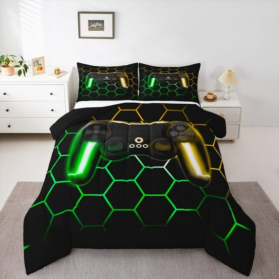jejeloiu Gaming Bedding Comforter Set,Teen Video Game Twin Comforter Sets,Ombre Honeycomb Hexagon Bedding Set For Boys Girls,Super Cozy Bedroom Decoration Reversible,2 Pieces