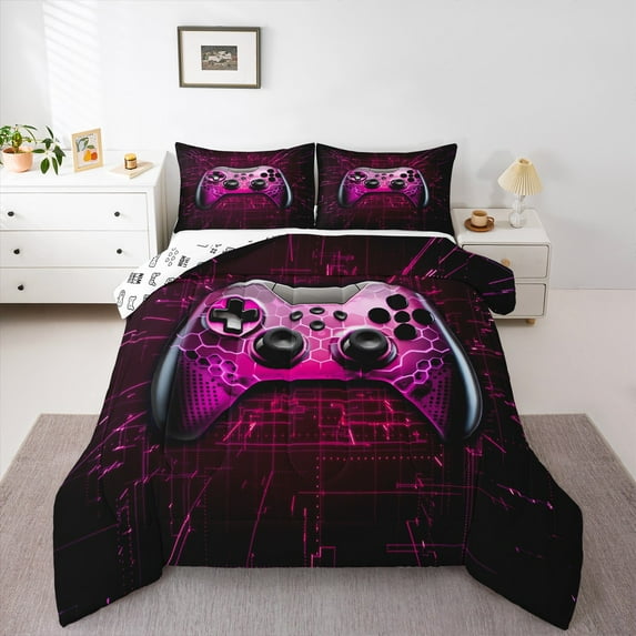 jejeloiu Gaming Full Size Comforter Sets,Pink Gamepad Controller Bedding Comforter Set,Modern Video Game Bedding Sets For Boy,Microfiber Room Decor Reversible,3-Piece