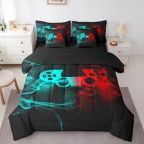 jejeloiu Gaming Gamer 7-Piece Twin Bedding Sets,Modern Video Game Bedding Comforter Set,Red Cyan Gamepad Sheet Sets For Boys,Breathable Home Decor Reversible