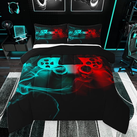 jejeloiu Gaming Gamer Bedding Comforter Set,Modern Video Game Twin Comforter Sets,Red Cyan Gamepad Bedding Set For Boys,Breathable Home Decor Reversible,2 Pieces