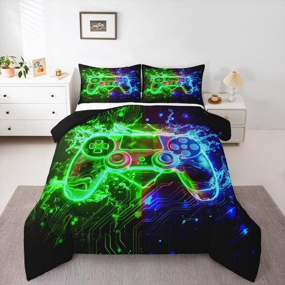 jejeloiu Gaming Queen Comforter Set,3D Game Controller Bedding Sets, Bedding Sets,Gradent Green Blue Bedding Comforter Set For Teens,Microfiber Room Decor Reversible,3 Pieces