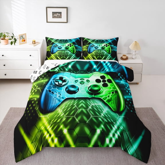 jejeloiu Gaming Queen Comforter Set,Green Blue Gamepad Controller Bedding Sets,Modern Video Game Bedding Comforter Set For Boy,Microfiber Room Decor Reversible,3-Piece