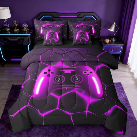 jejeloiu Gaming Twin Bedding Sets 7-Piece,Purple Game Console Bedding Comforter Set,Geometric Geometric Hexagon Sheet Sets For Boy,Microfiber Room Decor Reversible