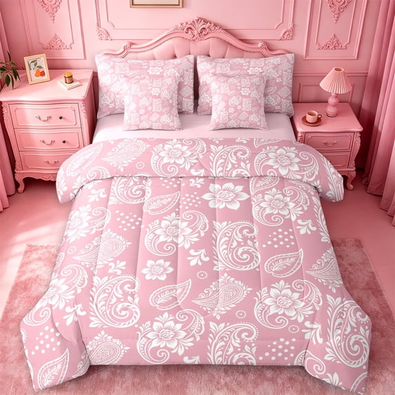 jejeloiu Gentle Paisley 7-Piece King Bedding For Men Women,Soft Print King Bed in a Bag,Pink White,Pink Reversible