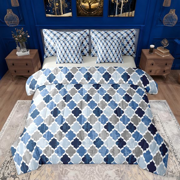 jejeloiu Geometric Abstract Patchwork 7pcs Bedding Comforter Set,Abstract Circle Rhombus Queen Bedding Sets,Blue Gray Queen Sheet Sets For Girls Boys,Luxury Bedroom Decor Reversible