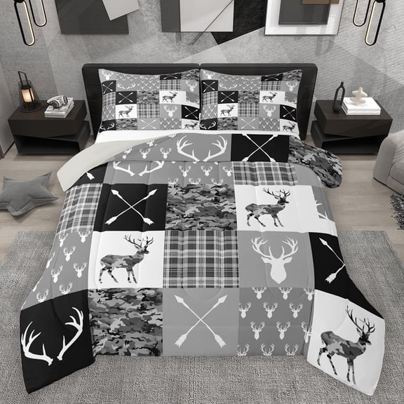 jejeloiu Geometric Chekc Grid Queen Comforter Set,Jungle Wildlife Deer Bedding Sets,Lake House Bedding Comforter Set For Teens,Breathable Home Decor Reversible,3 Pieces