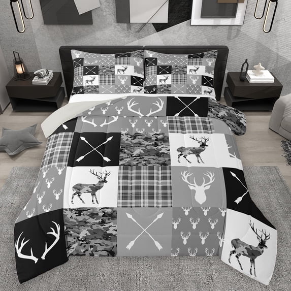 jejeloiu Geometric Chekc Grid Queen Comforter Set,Jungle Wildlife Deer Bedding Sets,Lake House Bedding Comforter Set For Teens,Breathable Home Decor Reversible,3 Pieces