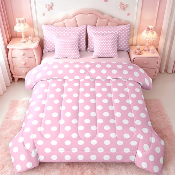 jejeloiu Geometric Circle Bedding Comforter Set 7pcs,Modern Geometric Aesthetic Queen Bedding Sets,Pink White Queen Sheet Sets For Girls,Microfiber Room Decoration Reversible