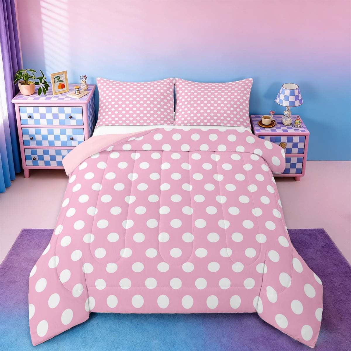 jejeloiu Geometric Circle Full Size Comforter Sets,Modern Geometric Aesthetic Bedding Comforter Set,Pink White Bedding Sets For Girls,Microfiber Room Decoration Reversible,3pcs