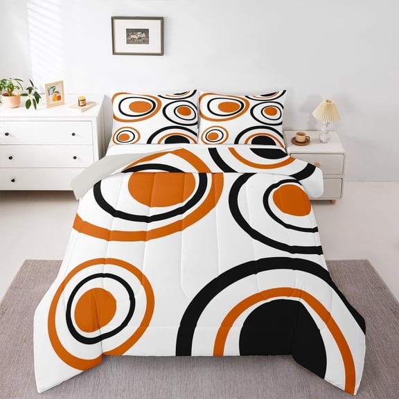 jejeloiu Geometric Circle Queen Comforter Set,Modern Abstract Art Bedding Sets,Orange White Black Bedding Comforter Set,Microfiber Bedroom Decor Reversible,3-Piece