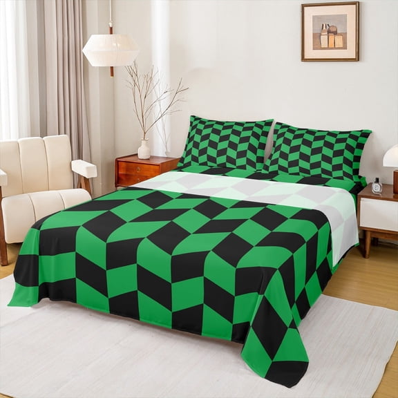 jejeloiu Geometric Plaid Queen Sheet Set,Abstract Checkerboard,Green Rhombus Grid,4-Piece Breathable