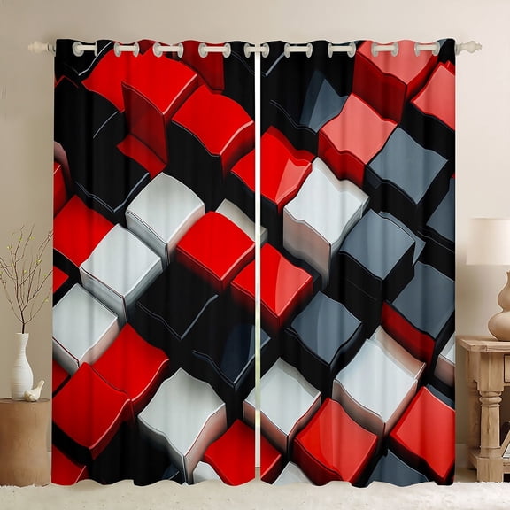 jejeloiu Geometric Grid Buffalo Black Out Curtains,Modern Abstract Art Curtains Pack of 2 (42x63 Each),Red White Black Bedroom Curtains For Men Women,Breathable Home Decor