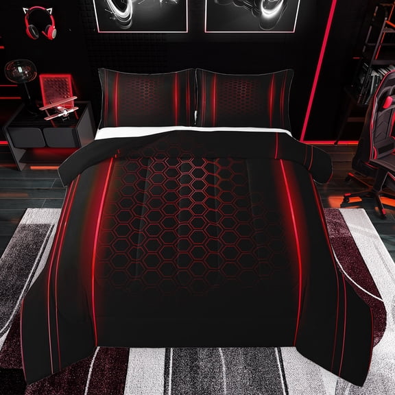 jejeloiu Geometric Honeycomb Hexagon Bedding Comforter Set,Neon Striped Lines Twin Comforter Sets,Red Black Bedding Set For Kids,Super Cozy Room Decor Reversible,2 Pieces