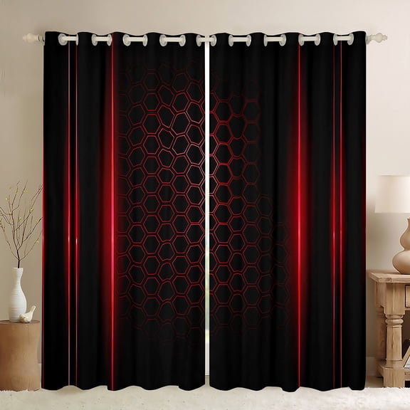 jejeloiu Geometric Honeycomb Hexagon Blackout Curtains Set of 2 (52x84 Each),Neon Striped Lines Window Curtains,Red Black Curtains and Drapes For Kids,Super Cozy Room Decor