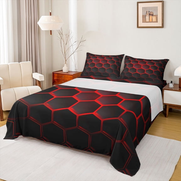 jejeloiu Geometric Honeycomb Pattern Queen Sheet Sets,Red Black Hexagon Bed Set For Boys Kids 4 Pieces