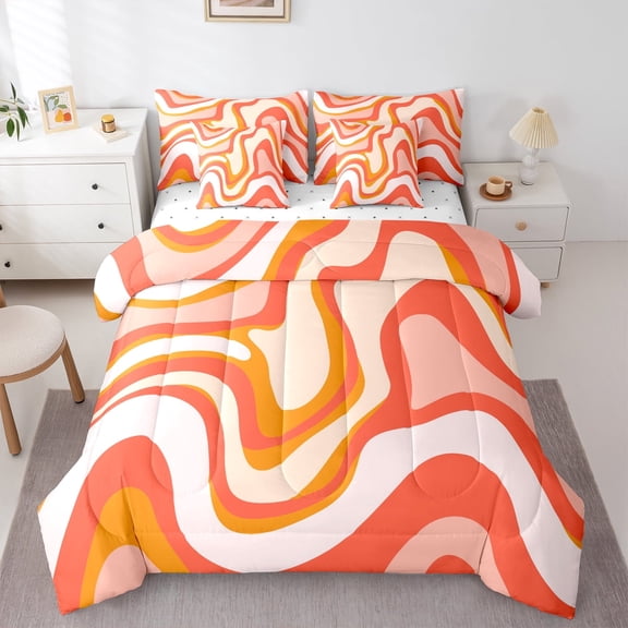 jejeloiu Geometric Line 7-Piece Twin Bedding Sets,Modern Minimalist Stripes Bedding Comforter Set,Gradient Pink Orange Sheet Sets For Teens,Ultra Soft Home Decor Reversible
