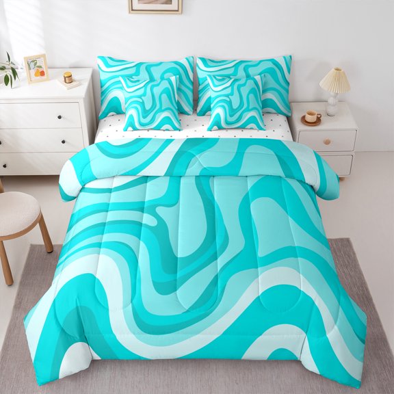 jejeloiu Geometric Line 7 Pieces Bedding Comforter Set,Modern Minimalist Stripes Full Bedding Set,Gradient Blue White Fitted Sheet Flat Sheet For Teens,Ultra Soft Home Decor Reversible