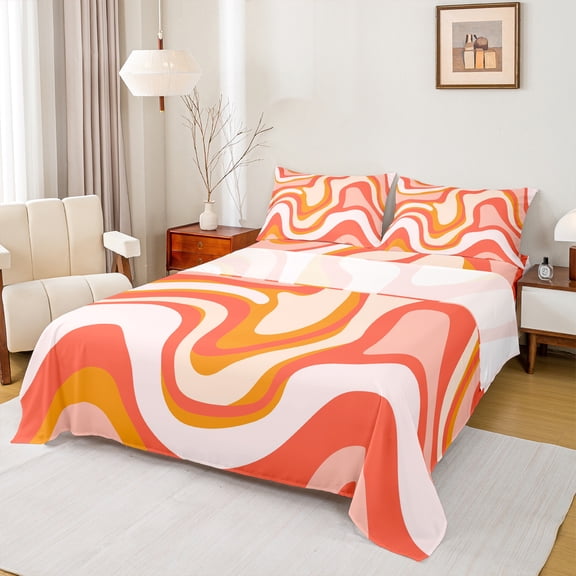jejeloiu Geometric Line Queen Sheet Sets,Modern Minimalist Stripes Flat Sheet,Gradient Pink Orange Queen Fitted Sheet For Teens,Ultra Soft Home Decor,4pcs