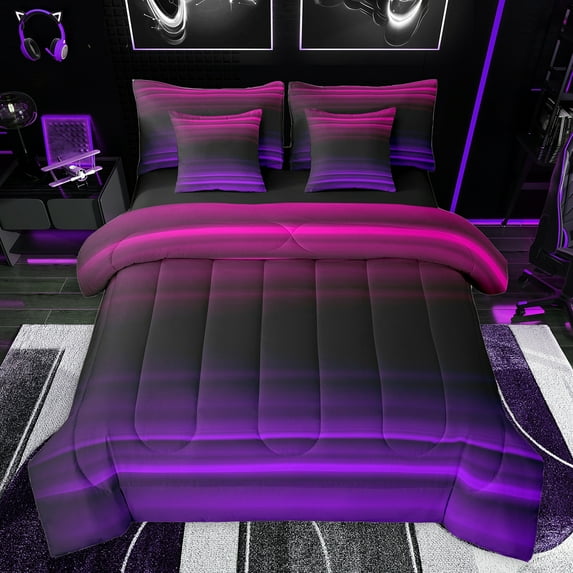 jejeloiu Geometric Lines Pattern 7-Piece Bedding Comforter Set,Neon Striped Stripe King Bedding Sets,Pink Black Purple Bed Sheets For Teens,Microfiber Bedroom Decor Reversible