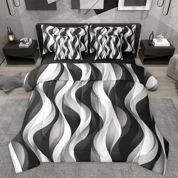 jejeloiu Geometric Lines Pattern 7-Piece Bedding Comforter Set,Waves Stripe King Bedding Sets,White Black Striped Bed Sheets For Teens,Microfiber Bedroom Decor Reversible